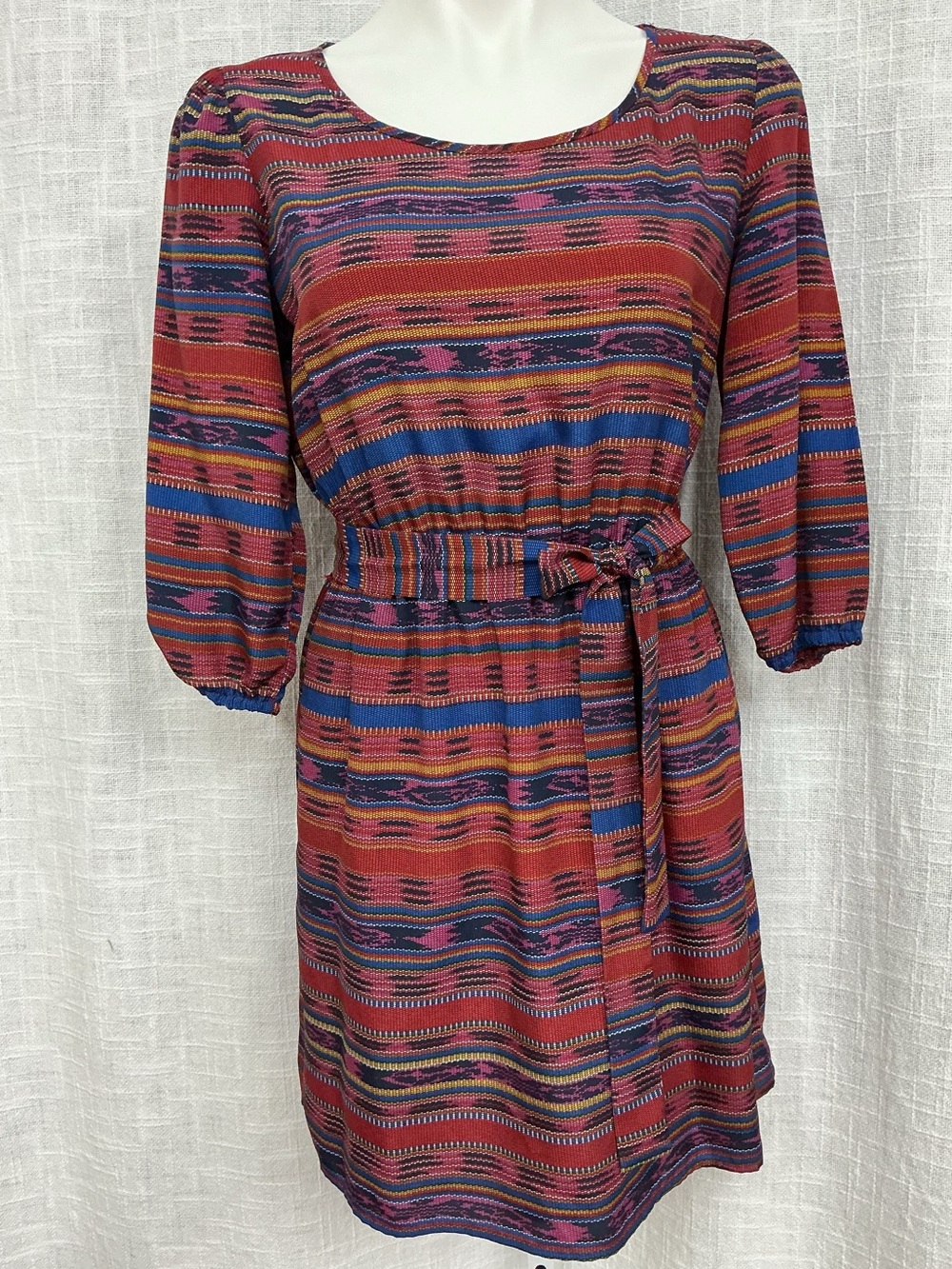BeBop Red Multicolor Striped Belted Long Sleeve Dress